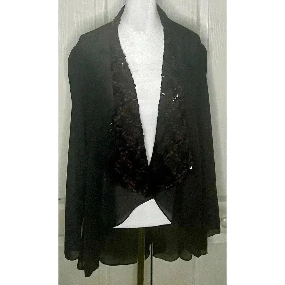 Lori Max‎ II Sheer Jacket Womens Size 12 Black With Black & Burgundy Sequins